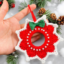 Handmade red and white crochet Christmas ornament, pearl-accented wreath decoration for wall or tree