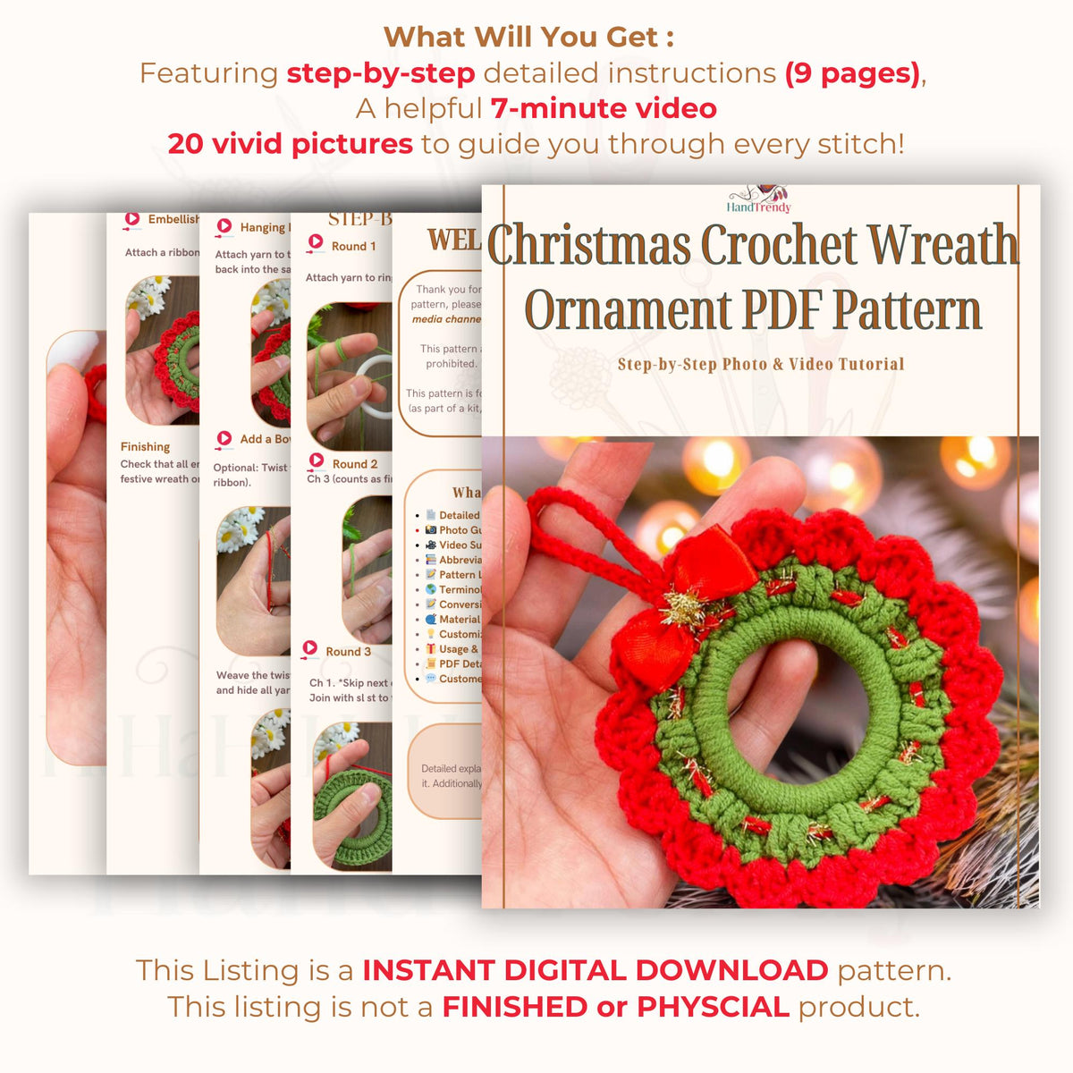 Christmas Crochet Wreath Ornament PDF - Easy DIY Holiday Decoration - Hand Trendy