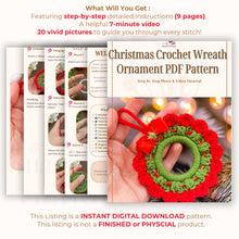 Handmade crochet Christmas wreath ornament with red and green design and decorative bow