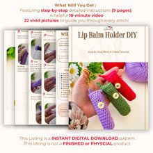Handmade crochet lip balm and lipstick holder keychain in colorful yarn, PDF pattern for DIY crochet case