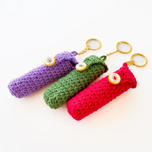 Handmade crochet lip balm and lipstick holder keychain in colorful yarn, PDF pattern for DIY crochet case