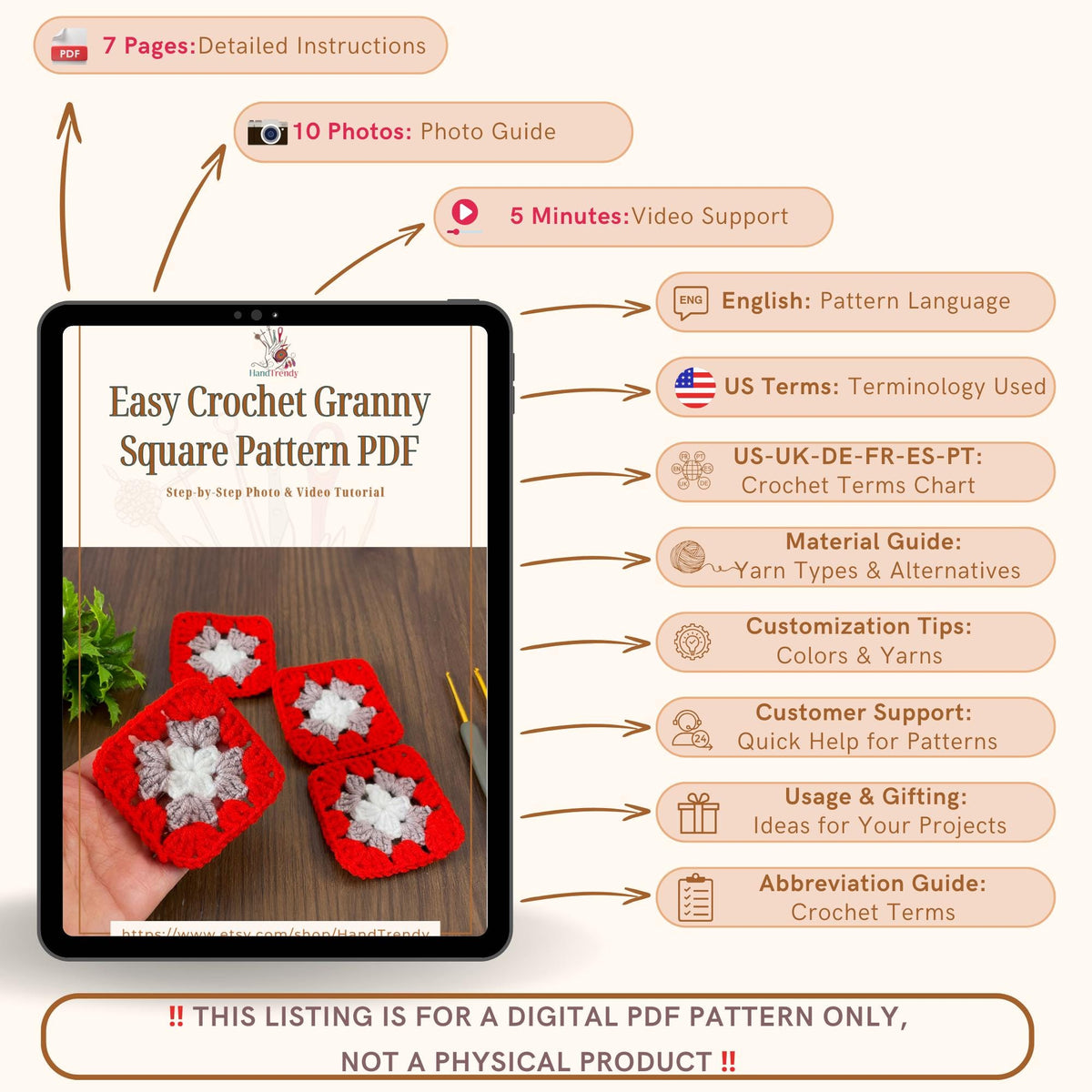 Easy Crochet Granny Square Pattern PDF - DIY Accessories - Hand Trendy