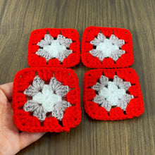 Handmade small crochet granny squares in vibrant red, gray, and white—perfect for creating baby blankets, tote bags, shawls, and other DIY accessories. 🧶✨