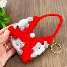 Handmade crochet granny square keychain pouch in vibrant red, gray, and white, featuring a pearl detail—perfect for carrying small items in style. ✨🔑