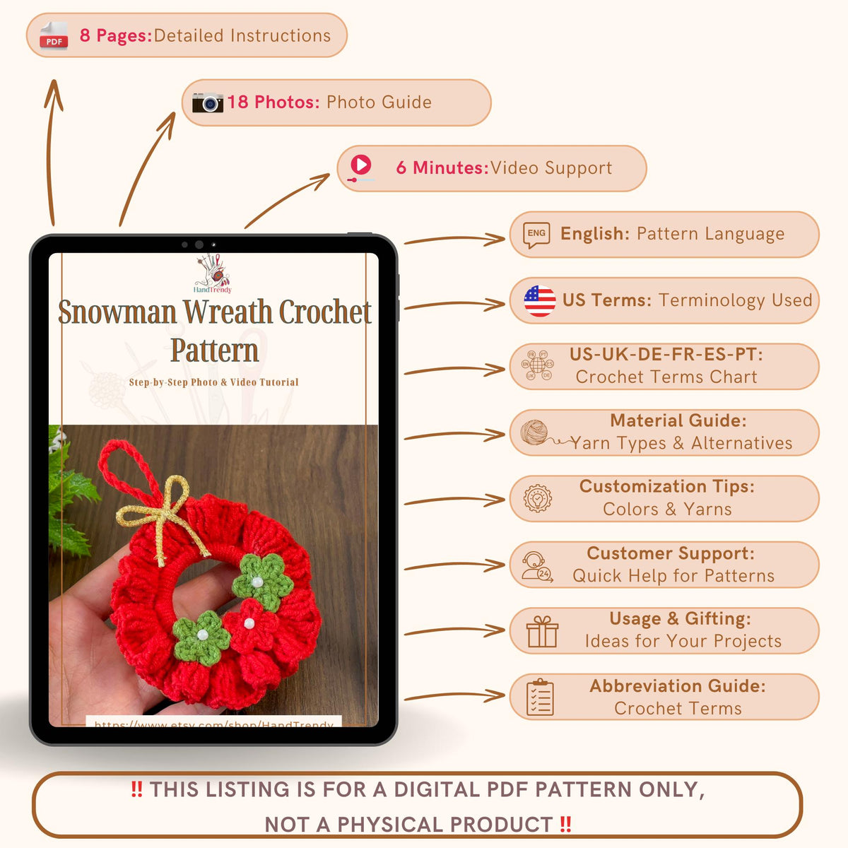 Crochet Ruffled Flower Wreath Pattern PDF - DIY Red Christmas Ornament PDF - Hand Trendy