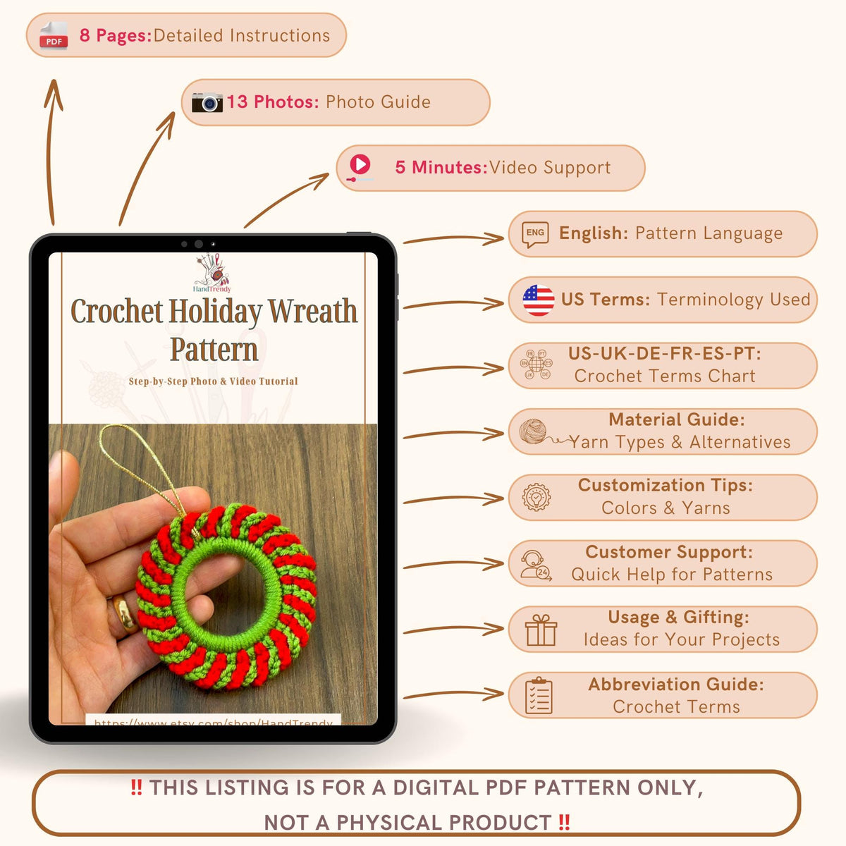 Crochet Holiday Wreath PDF Pattern - DIY Red Green Christmas Ornament PDF - Hand Trendy