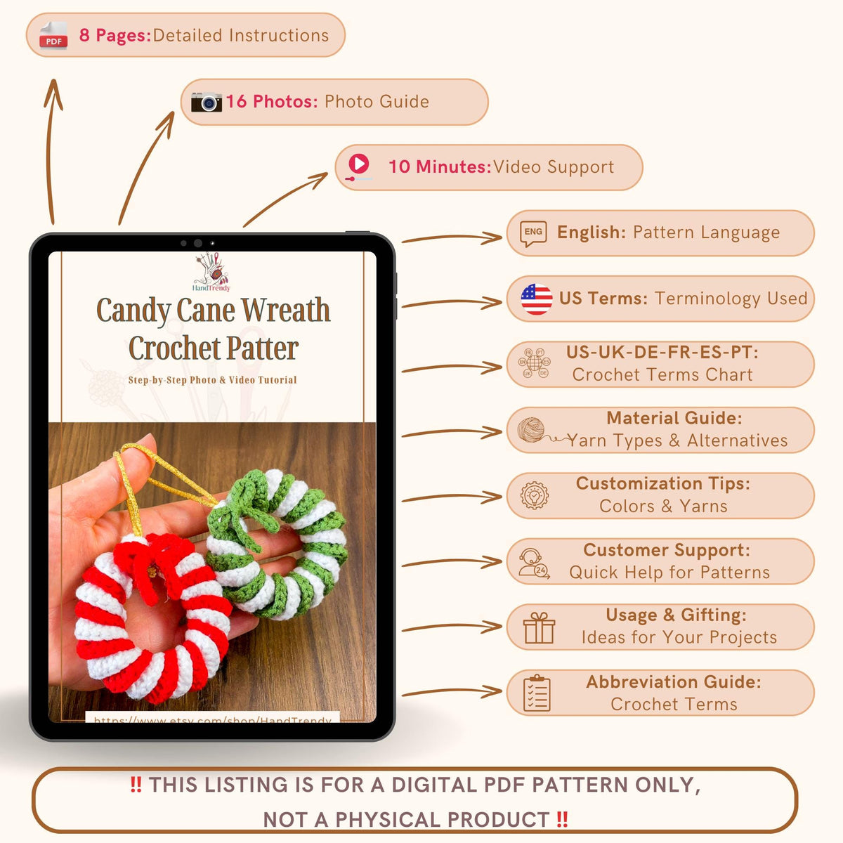 Candy Cane Crochet Wreath Pattern | PDF Tutorial | Christmas Ornament PDF - Hand Trendy