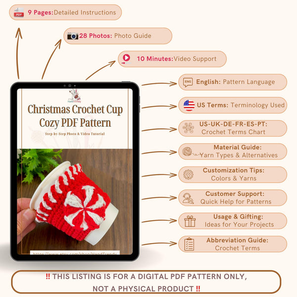 Christmas Crochet Cup Cozy PDF Pattern, Peppermint Coffee Sleeve Tutorial, DIY Cup Cover, Handmade Holiday Crochet Pattern