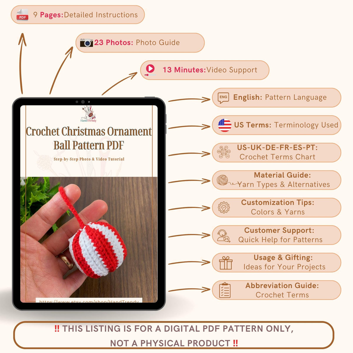 Crochet Christmas Ornament PDF Pattern - Easy DIY Christmas Decoration for Beginners - Hand Trendy