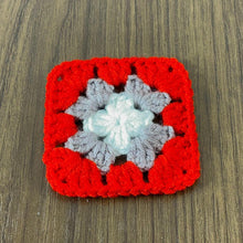 Handmade small crochet granny squares in vibrant red, gray, and white—perfect for creating baby blankets, tote bags, shawls, and other DIY accessories. 🧶✨