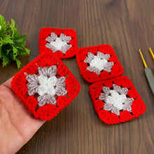 Handmade small crochet granny squares in vibrant red, gray, and white—perfect for creating baby blankets, tote bags, shawls, and other DIY accessories. 🧶✨