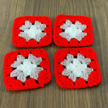 Handmade small crochet granny squares in vibrant red, gray, and white—perfect for creating baby blankets, tote bags, shawls, and other DIY accessories. 🧶✨