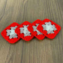 Handmade small crochet granny squares in vibrant red, gray, and white—perfect for creating baby blankets, tote bags, shawls, and other DIY accessories. 🧶✨