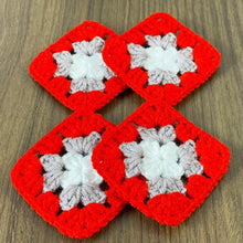 Handmade small crochet granny squares in vibrant red, gray, and white—perfect for creating baby blankets, tote bags, shawls, and other DIY accessories. 🧶✨