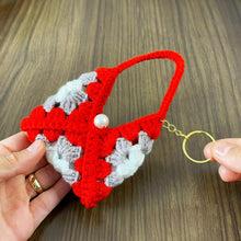 Handmade crochet granny square keychain pouch in vibrant red, gray, and white, featuring a pearl detail—perfect for carrying small items in style. ✨🔑