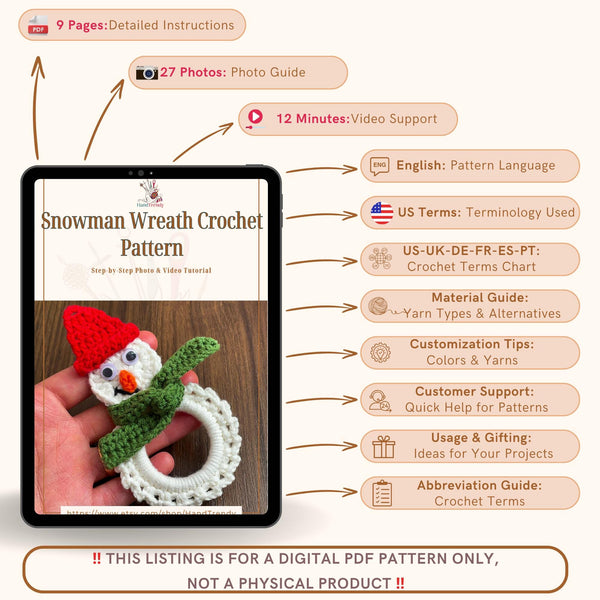 Snowman Wreath Crochet Pattern, Christmas Ornament PDF Tutorial, DIY Holiday Décor, Beginner-Friendly Festive Craft, Handmade Decoration