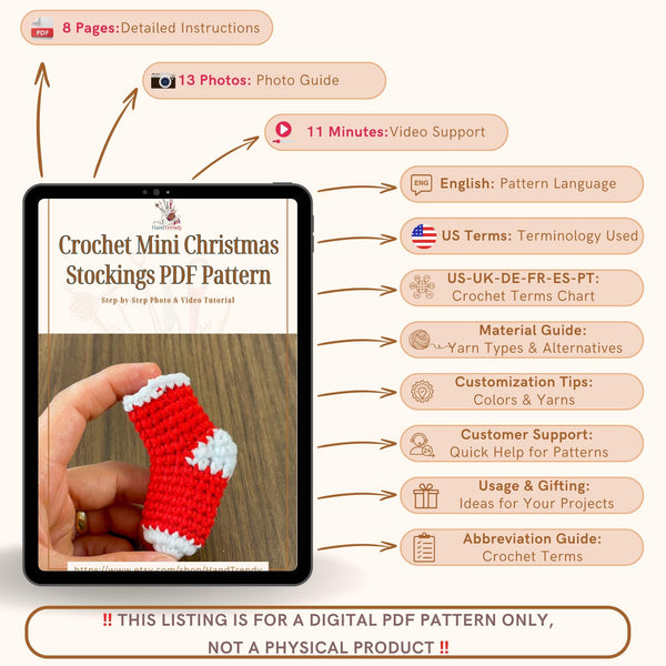 Crochet Mini Christmas Stockings PDF Pattern, DIY Holiday Ornaments, Handmade Festive Stocking Decorations, Cute Crochet Gift Bag Design