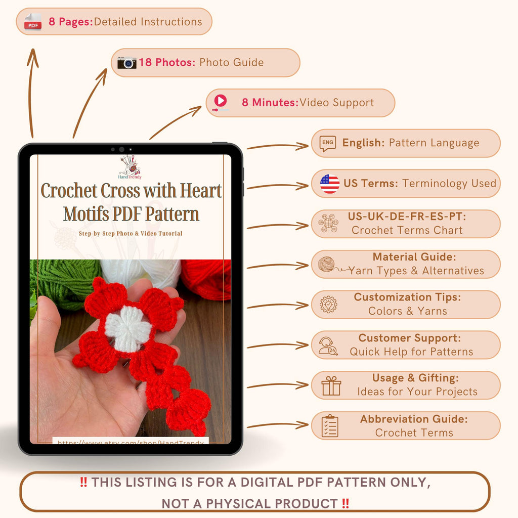 Crochet Cross with Heart Motifs PDF Pattern - Handmade Religious Decor Design - Hand Trendy