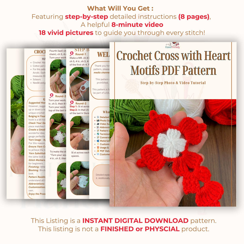 Crochet Cross with Heart Motifs PDF Pattern - Handmade Religious Decor Design - Hand Trendy