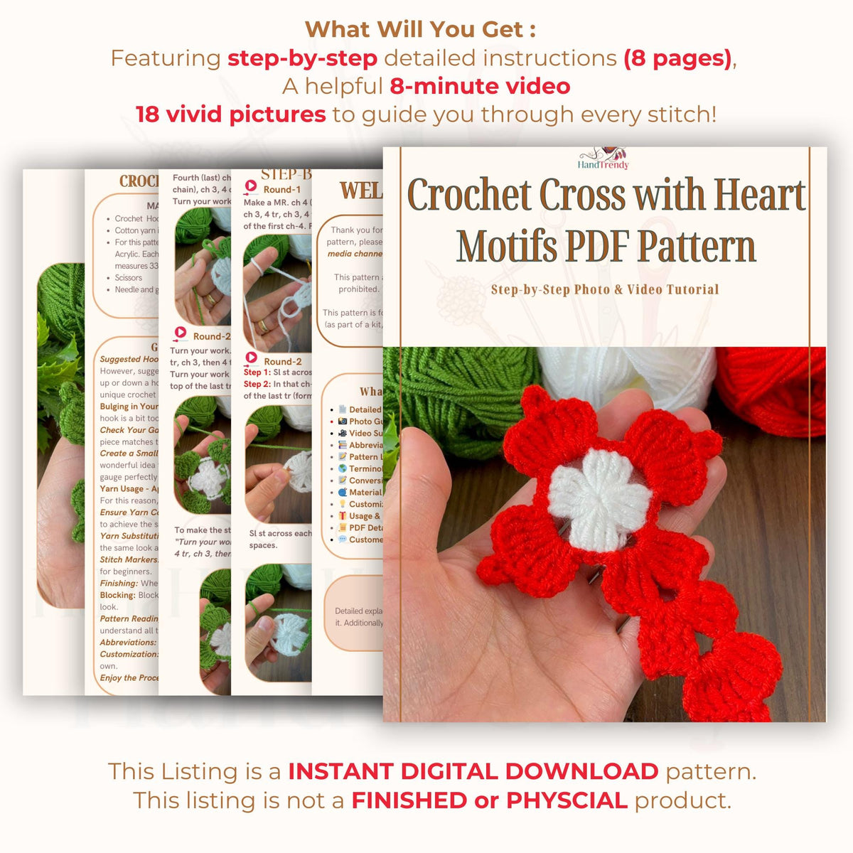Crochet Cross with Heart Motifs PDF Pattern - Handmade Religious Decor Design - Hand Trendy