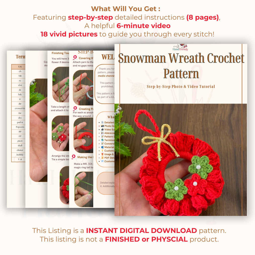Crochet Ruffled Flower Wreath Pattern PDF - DIY Red Christmas Ornament PDF - Hand Trendy