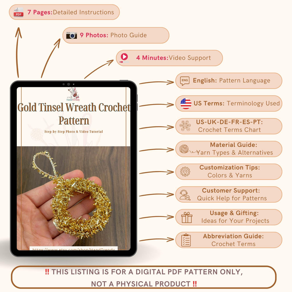 Gold Tinsel Wreath Crochet Pattern PDF - DIY Festive Ornament PDF - Hand Trendy