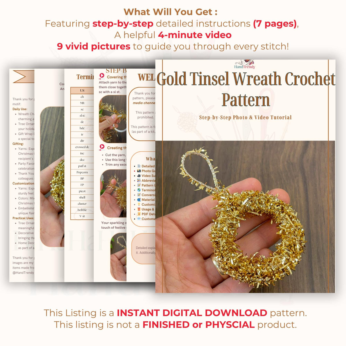 Gold Tinsel Wreath Crochet Pattern PDF - DIY Festive Ornament PDF - Hand Trendy