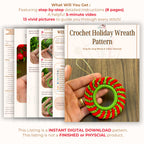 Crochet Holiday Wreath PDF Pattern - DIY Red Green Christmas Ornament PDF - Hand Trendy