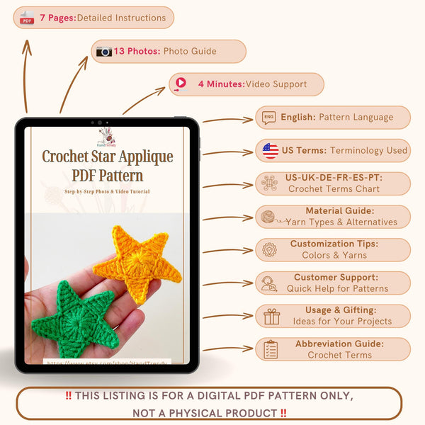 Crochet Star Applique PDF Pattern, DIY Decorative Star Ornament, Handmade Festive Star Design, Easy Crochet Pattern for Beginners