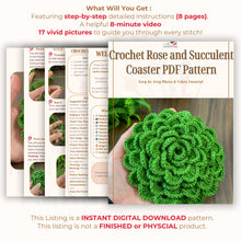 A hand holding a green crochet rose coaster, with white daisies in the background."