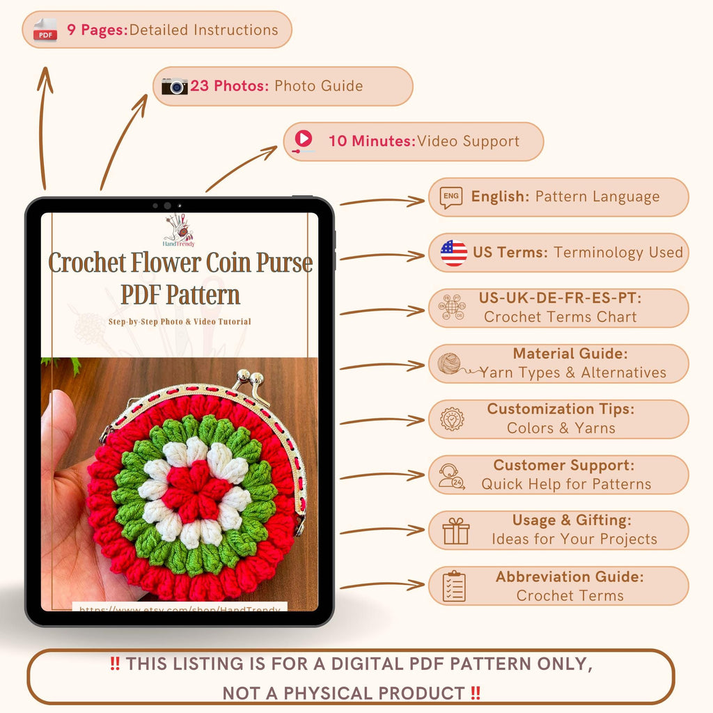 Crochet Flower Coin Purse Pattern PDF - Small Floral Crochet Pouch - Hand Trendy