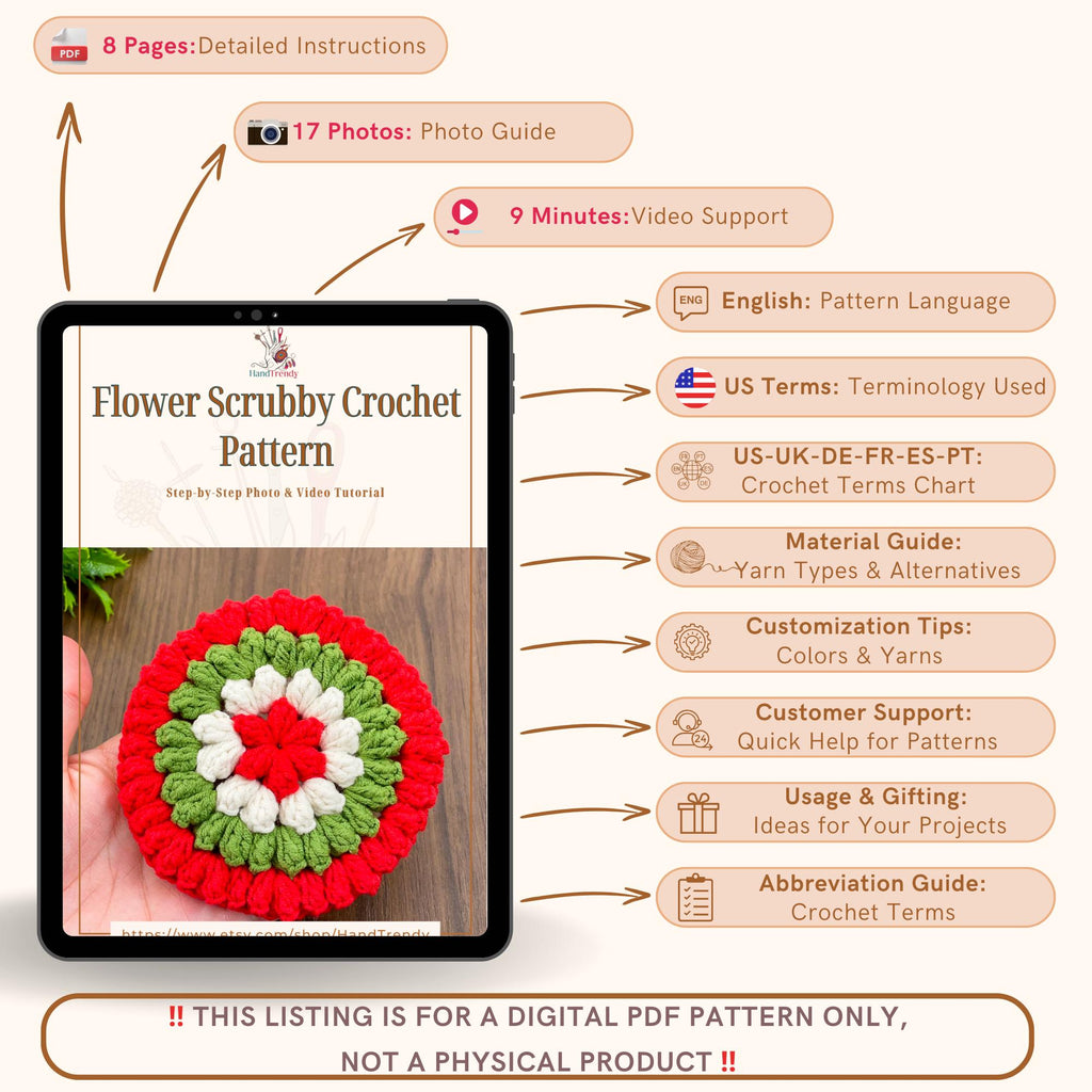 Flower Scrubby Crochet Pattern | Easy PDF Tutorial | Christmas Gift - Hand Trendy
