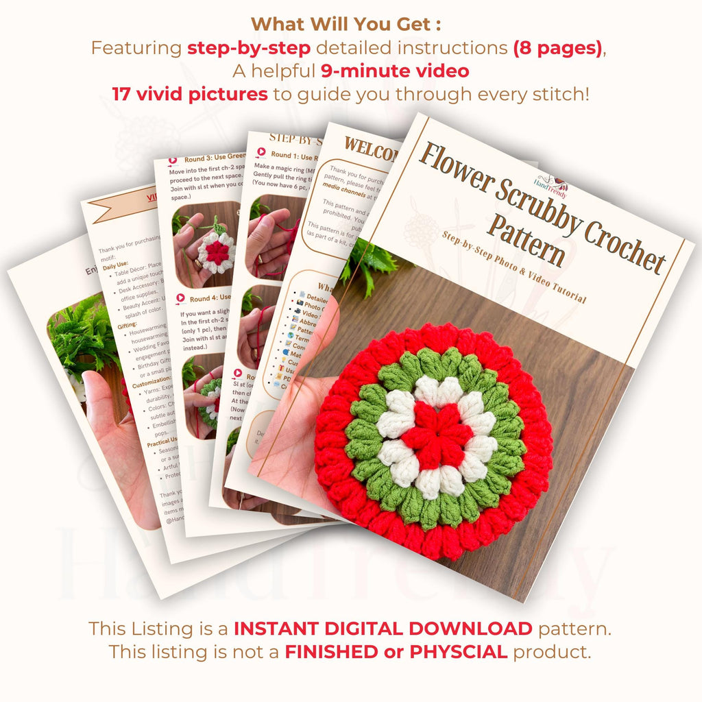 Flower Scrubby Crochet Pattern | Easy PDF Tutorial | Christmas Gift - Hand Trendy