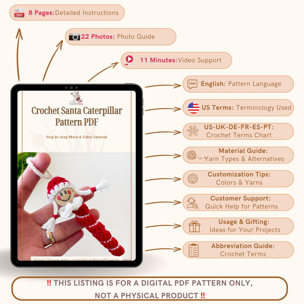 Crochet Santa Caterpillar Pattern - Festive DIY - Adorable Christmas DIY Ornament Gift for Beginners - Hand Trendy