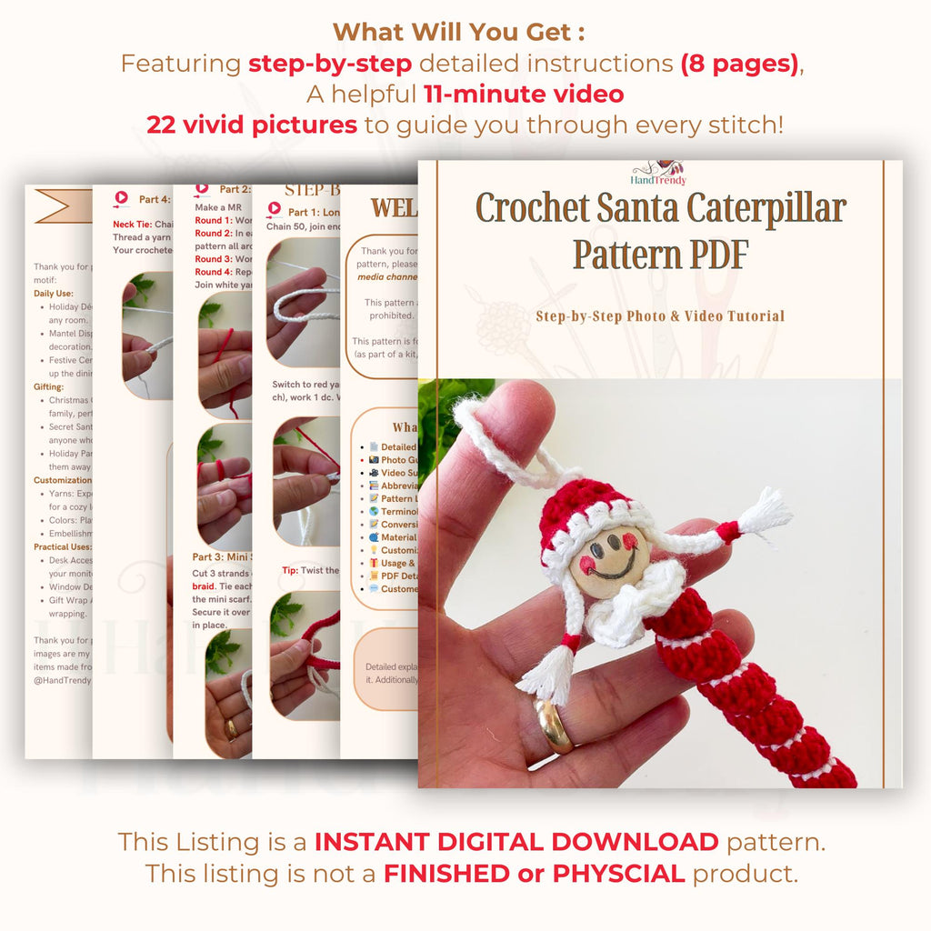 Crochet Santa Caterpillar Pattern - Festive DIY - Adorable Christmas DIY Ornament Gift for Beginners - Hand Trendy