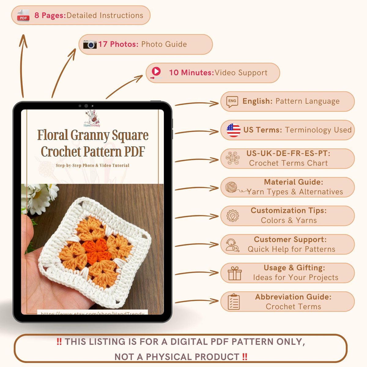 Floral Granny Square PDF Pattern - Flower Motif Tutorial for Beginners - Hand Trendy