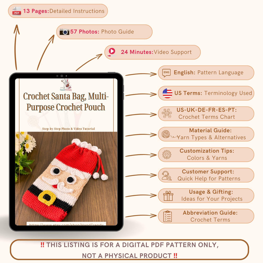 Crochet Santa Bag PDF Pattern - Festive DIY Craft - Fun Festive Accessory - Hand Trendy