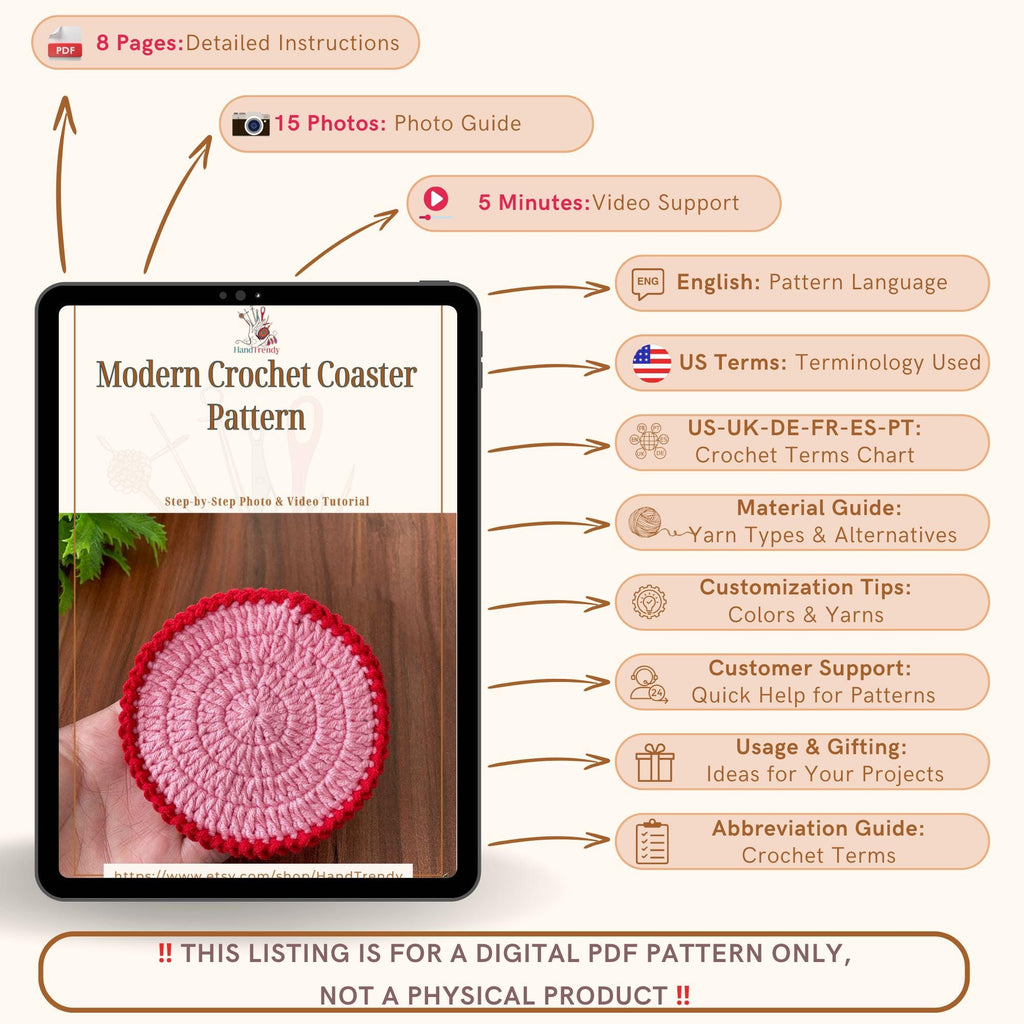 Modern Crochet Coaster Pattern PDF - Perfect Handmade Table Decor Gift for Beginners - Hand Trendy