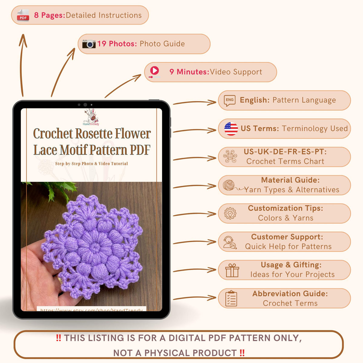 Vintage Crochet Rosette Pattern PDF - Vintage - Inspired Floral Tutorial - Hand Trendy