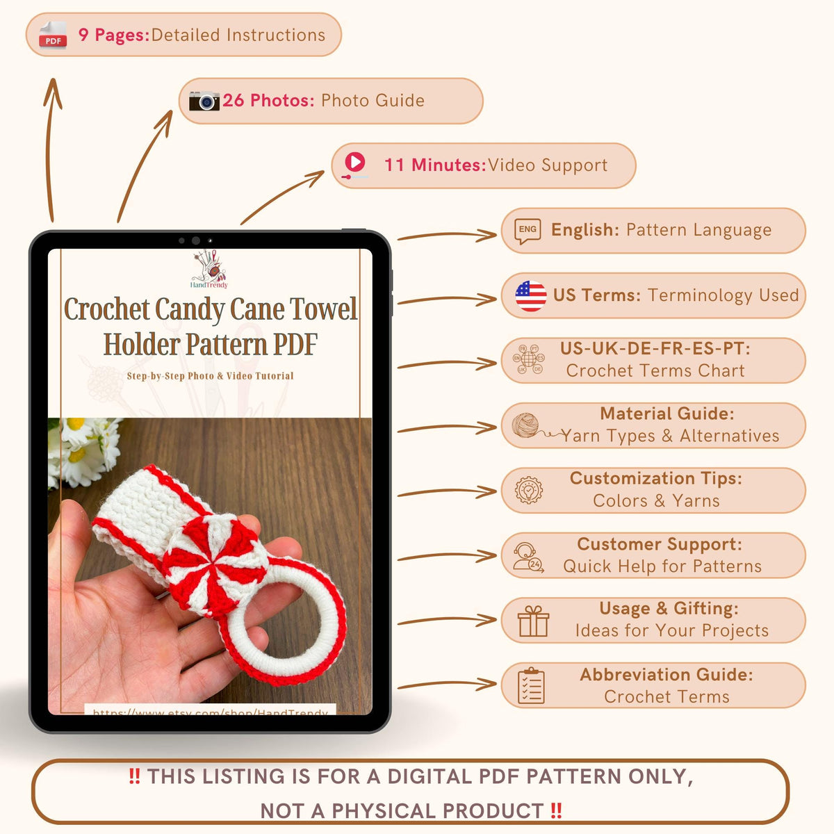 Crochet Candy Cane Towel Holder PDF Pattern - Festive Holiday Crochet Project for Beginners - Hand Trendy