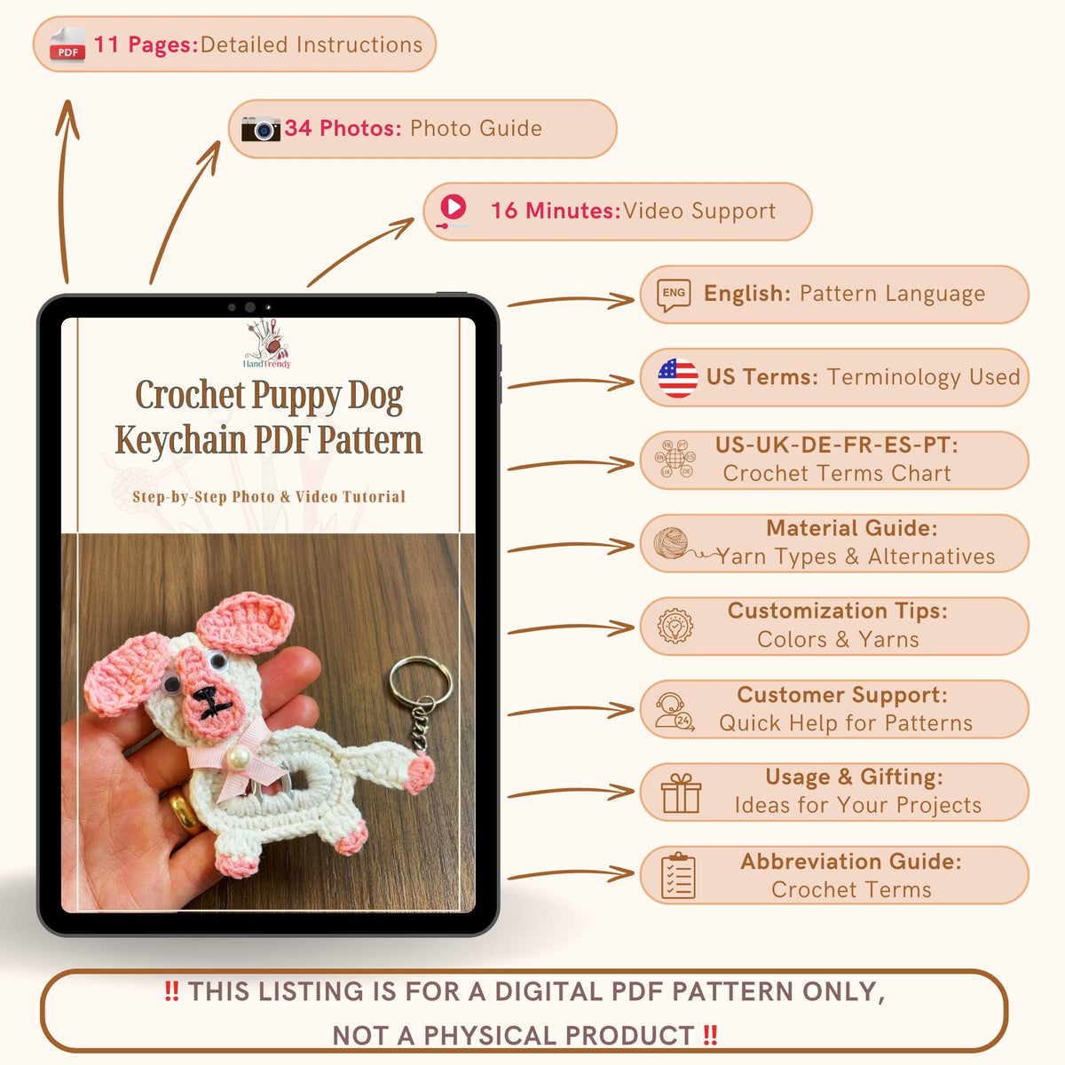 Crochet Puppy Keychain PDF Pattern - DIY Scrap Yarn Keychain - Hand Trendy