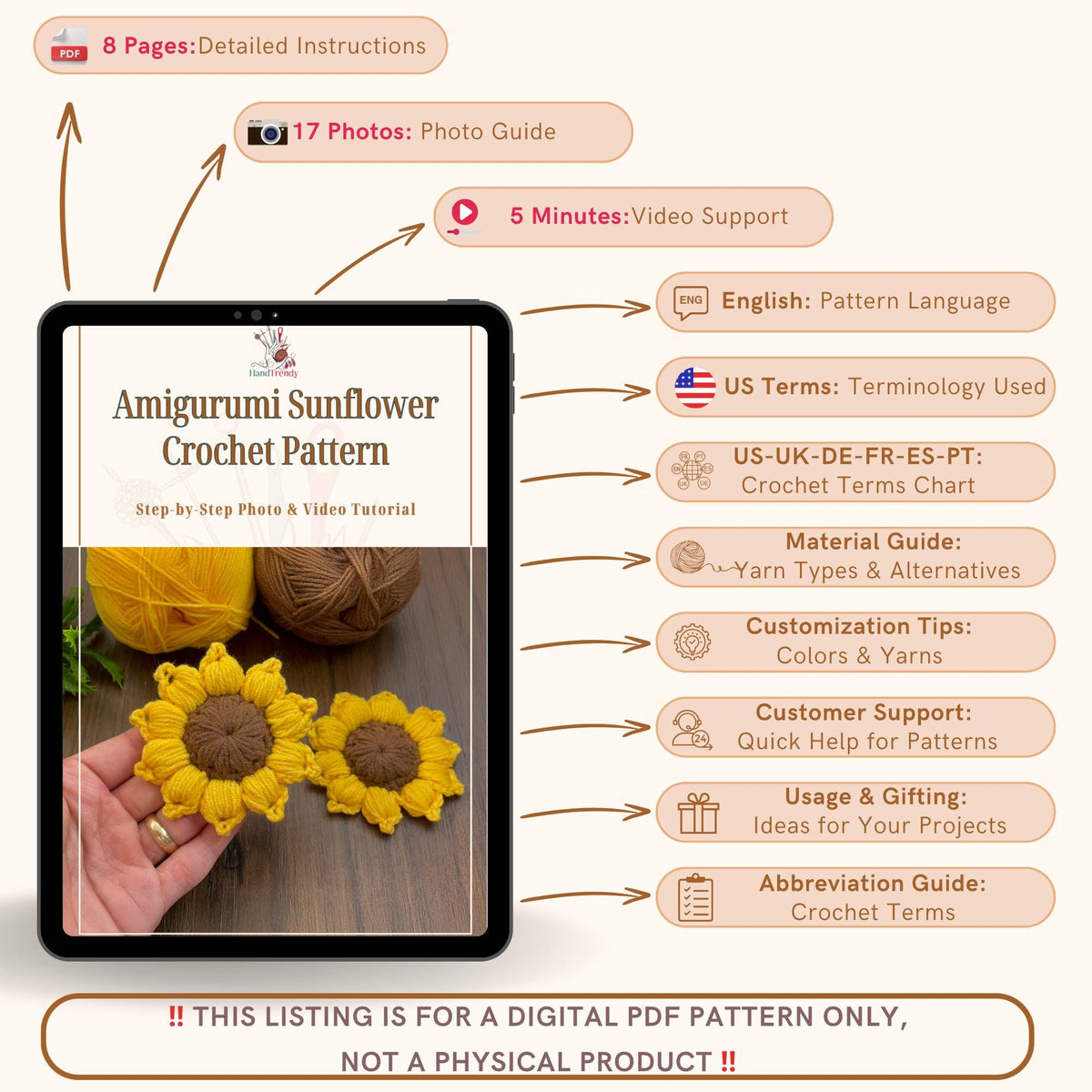 Amigurumi Sunflower Crochet Pattern PDF - 3D Crochet Flower Plush - Hand Trendy