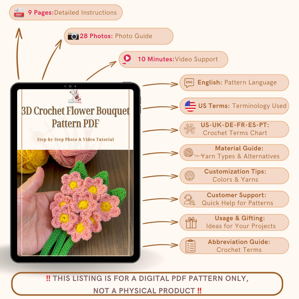3D Crochet Flower Bouquet Pattern PDF - Handmade Room Decoration - Hand Trendy