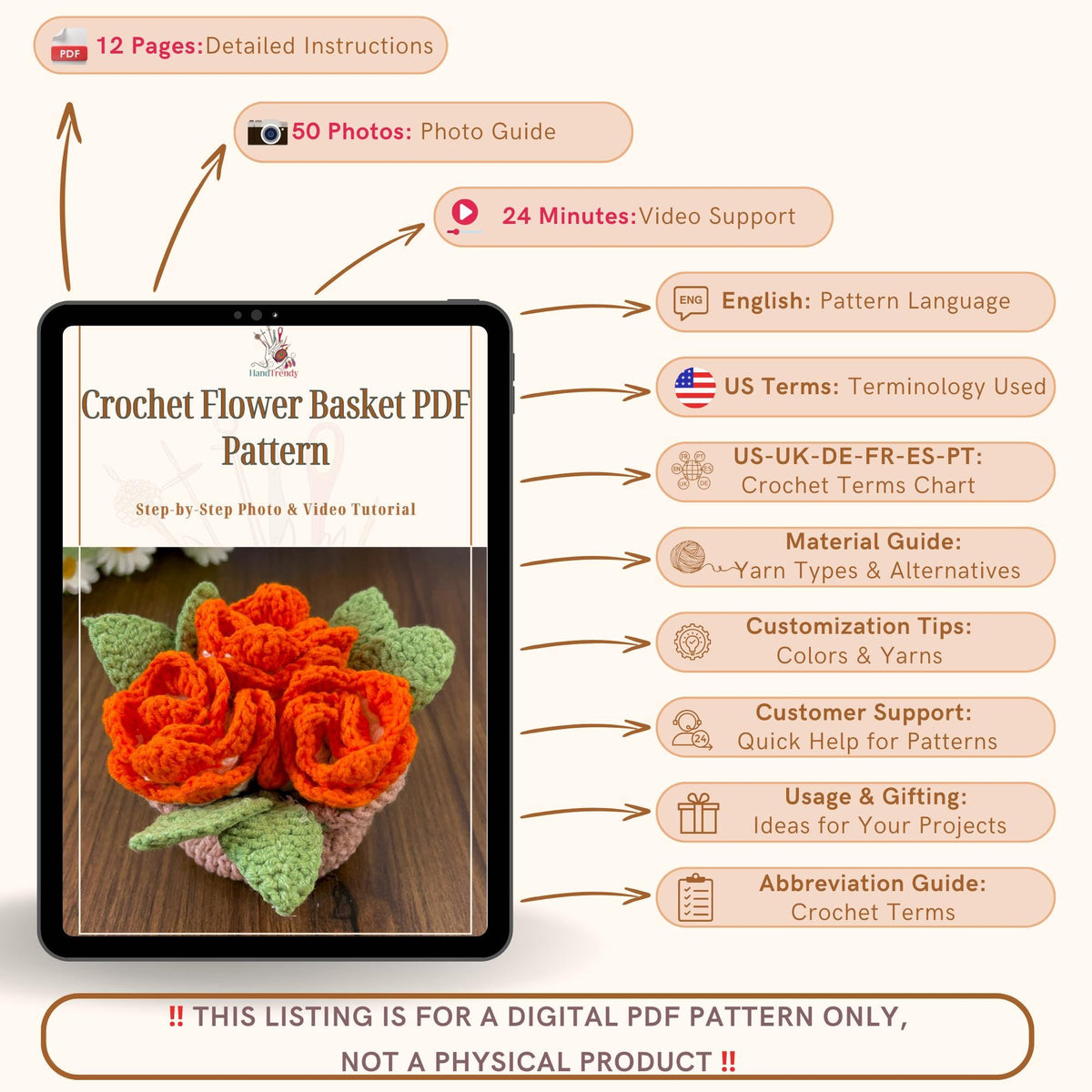 Crochet Flower Basket Pattern PDF - Handmade Rose Bouquet Tutorial - Hand Trendy