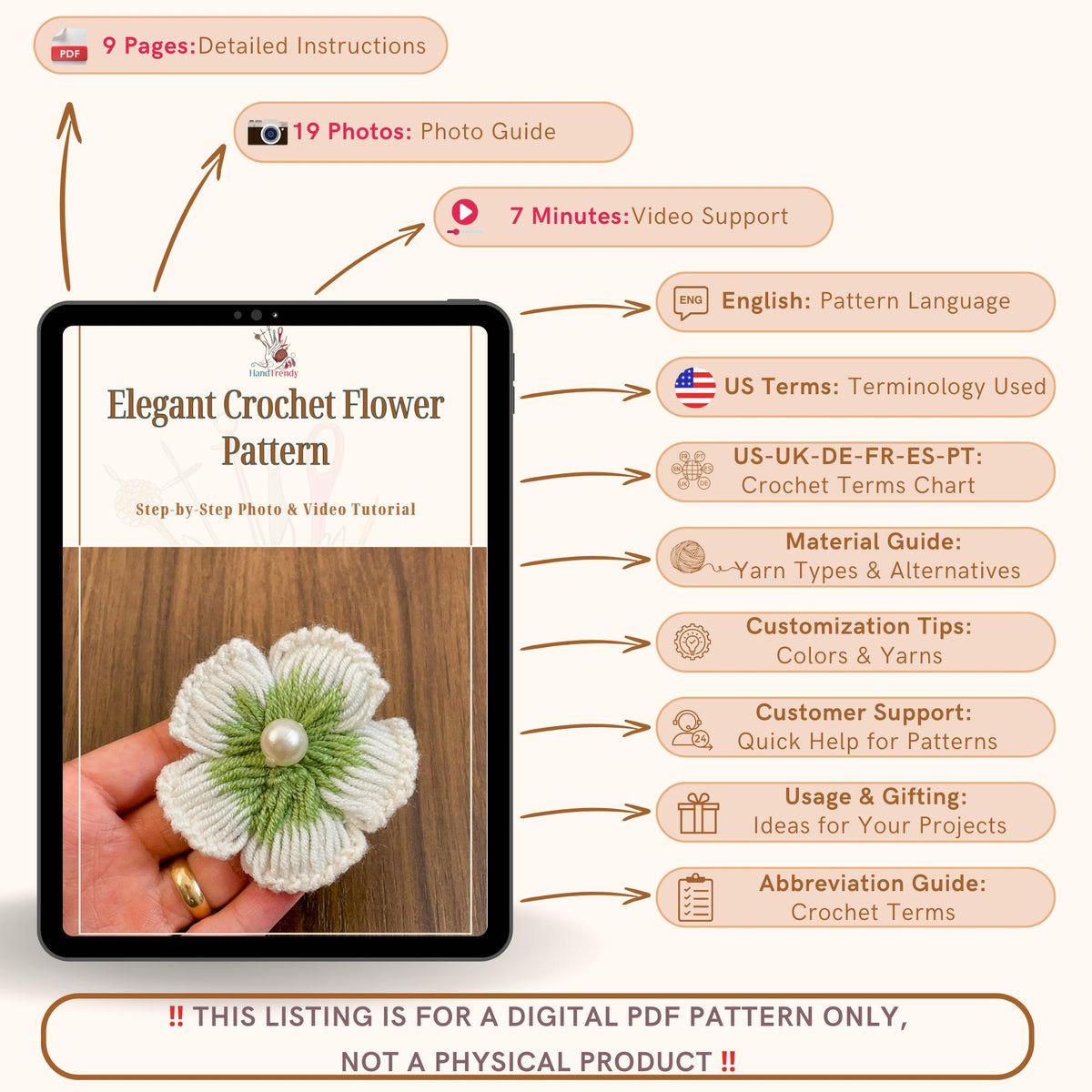 Elegant 3D Crochet Flower Pattern PDF - DIY Crochet Brooch Tutorial - Hand Trendy