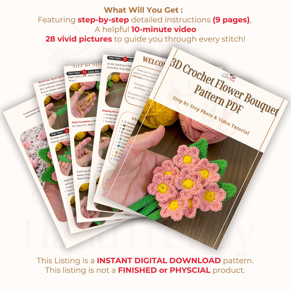 3D Crochet Flower Bouquet Pattern PDF - Handmade Room Decoration - Hand Trendy