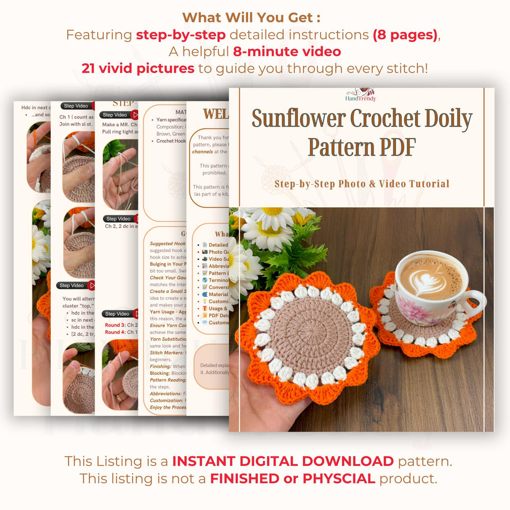 Sunflower Crochet Doily Pattern - Instant PDF - Handmade Floral Table Decor - Hand Trendy