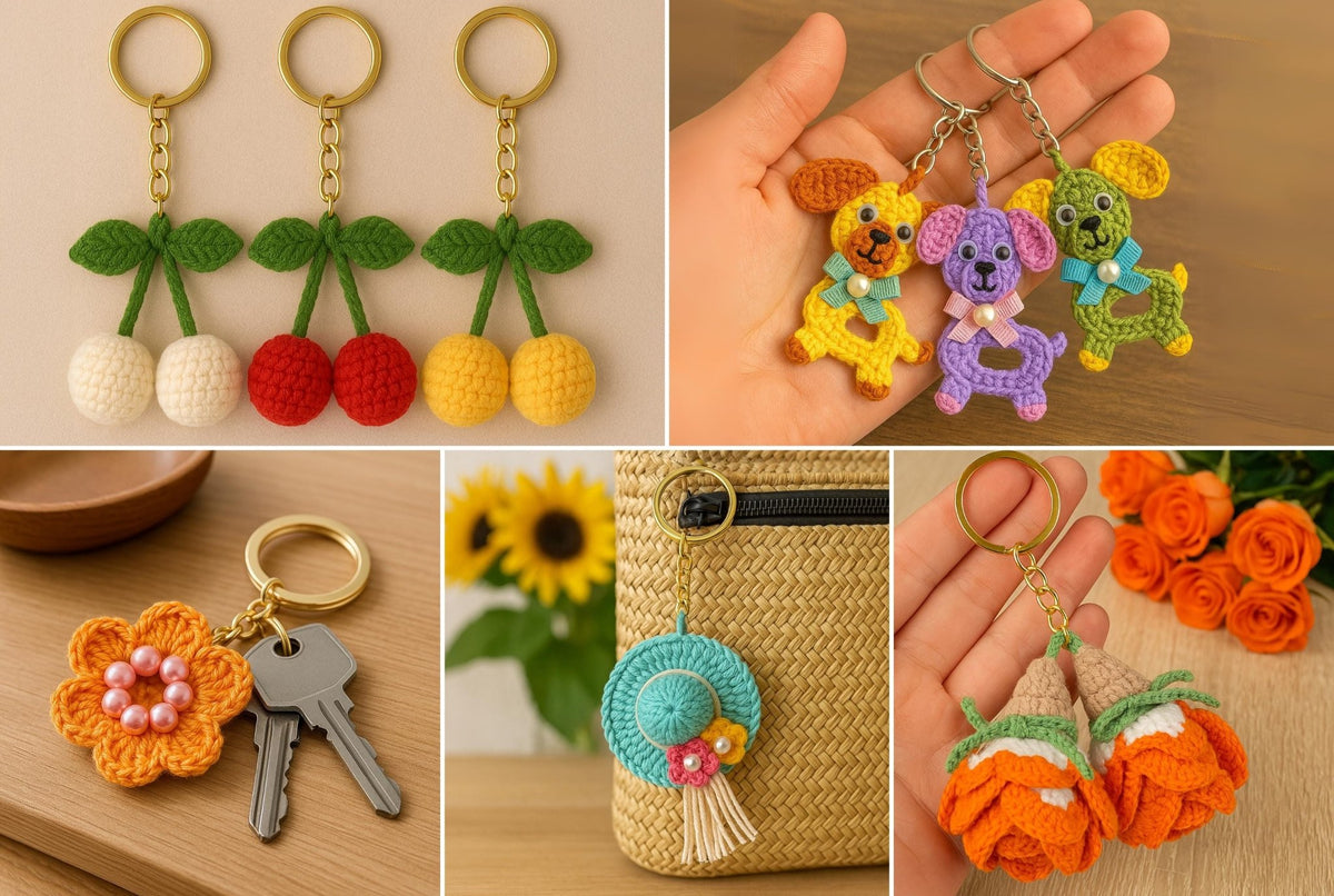 Crochet Keychain Patterns Bundle - 5 Cute Amigurumi Charms PDF Tutorial for Bags - Hand Trendy