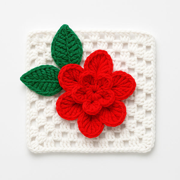 3D Crochet Flower Granny Square Pattern PDF with Red Textured Bloom, DIY Afghan Blanket Motif, Instant Digital Download