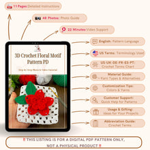 3D Crochet Flower Granny Square Pattern PDF with Red Textured Bloom, DIY Afghan Blanket Motif, Instant Digital Download